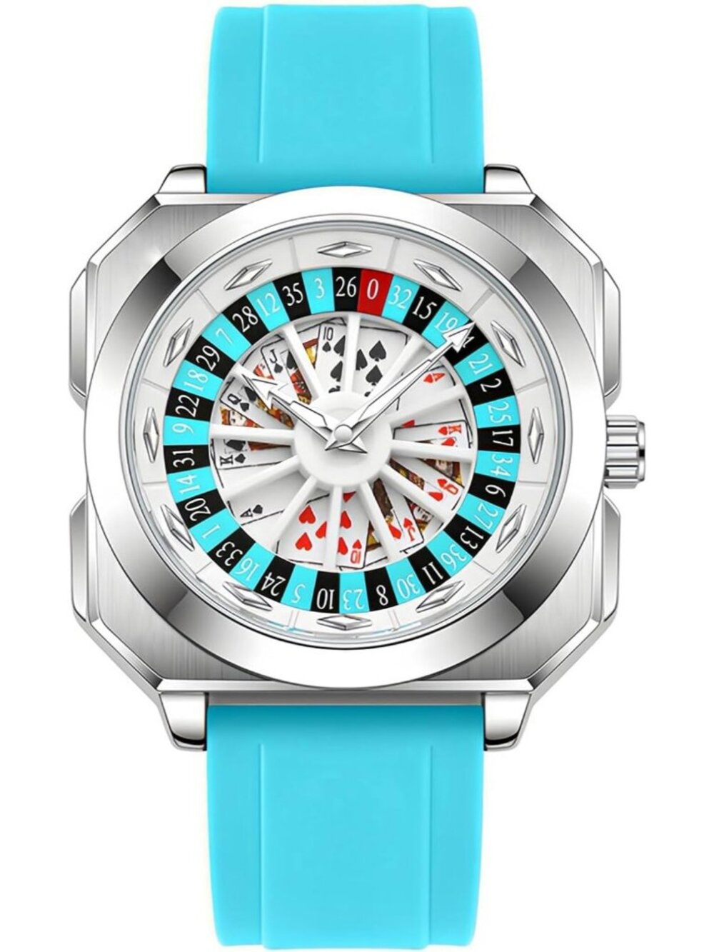 Men‘s Blue Gambling Rotating Dial Poker Square Silicone Rubber Strap Wrist Watch